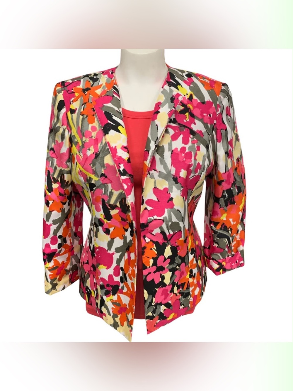 Kasper Floral Open-Front Blazer - Pink, Orange & Black Size S